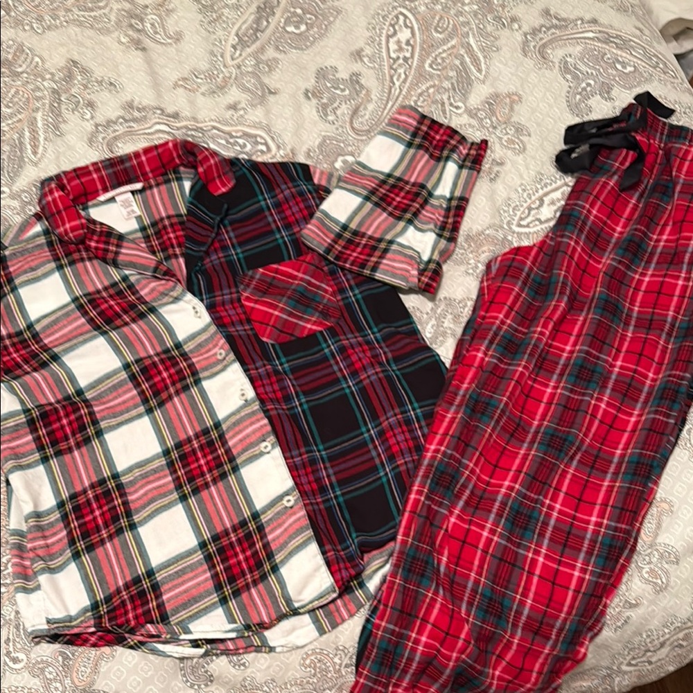 Victoria's Secret Women’s Plaid Pajama Set - Red, Black, and White